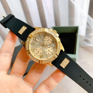 Fashion Gold Diamond Watch for Women Three-Hand Large Dial Black Silicone Quartz Ladies Watch