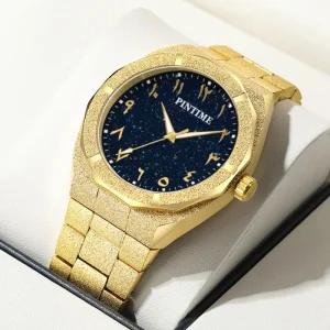Fashion Gold Men’s Arabic Dial Quartz Stainless Steel Watch Gift Set Waterproof Compass Custom Wrist Watch