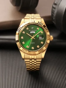 Fashion Gold Tone Quartz Watch for Men with Luminous Week Display Function Diamond Index