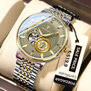 Fashion High Quality Sport Mens Mechanical Watch Transparent Dial Sapphire Glass Stainless Strap Business Casual Gift