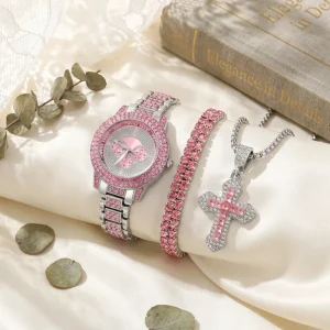Fashion Ladies Casual Sporty Roman Cross Pattern Alloy Watch Set Cornucopia Quartz Full Diamond Bracelet Necklace