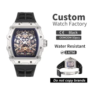 Fashion Luminous Luxury Stainless Steel Electroplated Silver Skeleton Mechanical Watch Pointer 3ATM Sapphire Crystal FKM Rubber