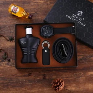 Fashion Luxury Gift Business Box Belt Wallet Glasses 4 Piece Set Leather Wristwatch Quartz Men’s Watches Set for Men