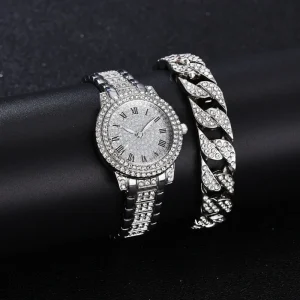 Fashion Luxury Watches Bracelet Set Hip Hop Steel Belt Wrist Watch for Men Women