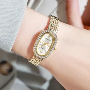 Fashion Luxury Women’s Quartz Watch Alloy Case Oval Roman Numeral Gold Diamond Ladies Watch Montre Femme