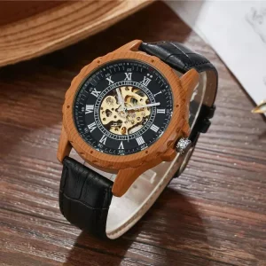 Fashion Men Luxury Roman Number Wood Colours Automatic Watch Men Skeleton Leather Men’s Wrist Watches