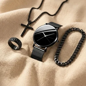 Fashion Men’s Alloy Case Stainless Steel Band 42mm 10mm Thickness Quartz Pointer Luxury Watch Ring Cross Necklace Bracelet Set