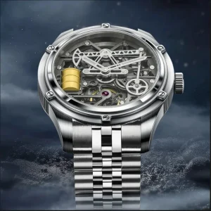 Fashion Mens Stainless Steel Watches Luxury Steel Color Automatic Skeleton Movement Mechanical Watch for Men