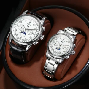 Fashion Moonphase Couple Watches One Pair Automatic Movement Genuine Leather Strap High Quality Date Luxury Gift Watch