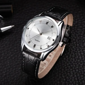 Fashion PU Leather Men’s Watch Luxury 3ATM Waterproof Silver Case Wristwatch