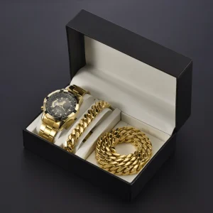 Fashion Personalised Cuban Link Chain Bracelet Set Jewelry Sets Quartz Watches Gold Stainless Steel Custom Necklace