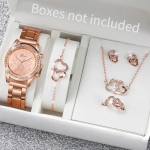 Fashion Quartz Luxury Necklace Bracelet Rings Earrings Rhinestone Diamond Watches Heart Shape Jewelry Set for Women