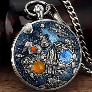 Fashion Quartz Pocket Watch with Music Box & Fob Chain Men’s & Women’s Alloy Wristwatches Sky Space Sheet Design Gifts