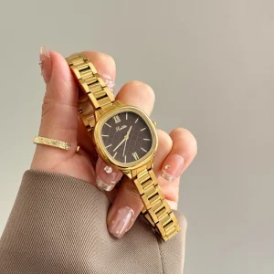 Fashion Retro Gold Ladies Watch with Stainless Steel Strap Roman Digital Elegant Analog Display Dress Watch