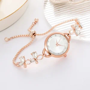 Fashion Rhinestone Inlay Round Quartz Watch Bracelet Delicate Adjustable Watch for Women