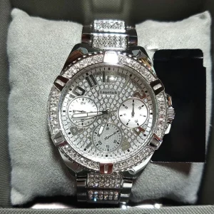 Fashion Silver Stainless Steel Diamond Set Three eyes Dial Chronograph Casual 50M Water Resistant Women’s Quartz Watch