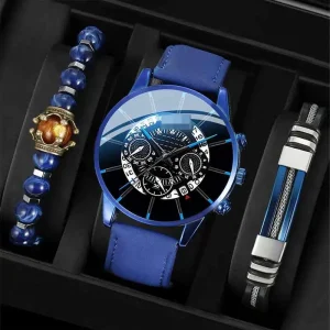 Fashion Simulation Three Eyes Men’s Casual Business Calendar Belt Watch, Men’s Bracelet Set Accessory