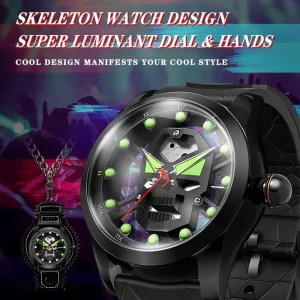 Fashion Skull Sports Watch Hollow Style Alloy Case Glass Dial Citizen Movement Men’s Rubber Strap Waterproof