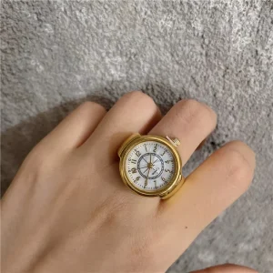 Fashion Smooth Round Finger Ring Watch Metallic Quartz Flexible Stretch Steel Band Dress Jewelry