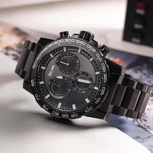 Fashion Sport Stainless Steel Watch for Men 45mm Pointer Dial Chronograph Calendar 20mm Leather Watchband