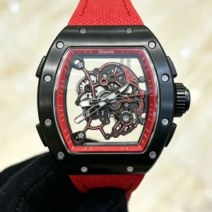 Fashion Sporty Men’s Open face Mechanical Watch with Barrel shaped Red Rubber Strap and Automatic Movement Wristwatch RM055