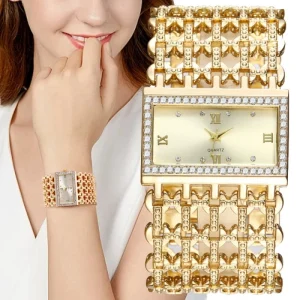 Fashion Square Diamond Set Women’s Quartz Watch Casual Gold Stainless Steel Luxury Retro Watch