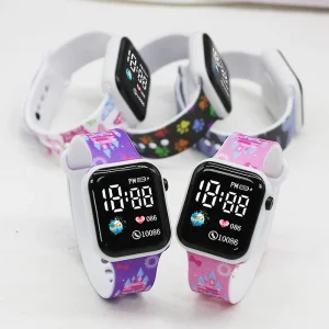 Fashion Square Earth Print Cartoon Printing Button Watch for Women Kid Primary School LED Electronic Watch