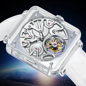 Fashion Square Full Transparent Skeleton Tourbillon Watch Super Luminous Waterproof Men’s Mechanical Watch