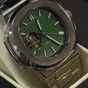 Fashion Square Luxury Skeleton Men Stainless Steel Band Waterproof Luminous Mechanical Open Heart 41mm Pointer Watch