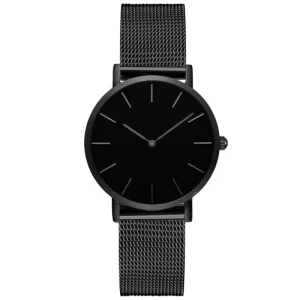 Fashion Unisex All-Black Stainless Steel Mechanical Watch Pointer Dial Water Resistant Thin Band for Casual Business Use