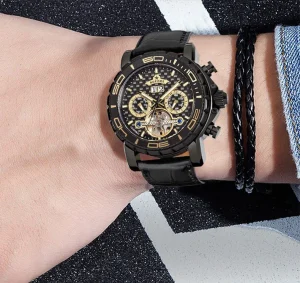 Fashion Watch Automatic Mechanical Calendar Business Style Open Case Design