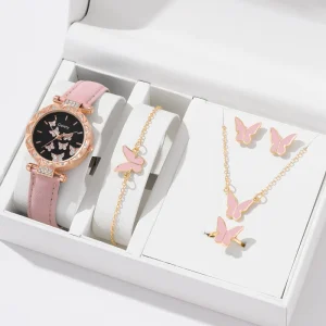 Fashion Watch Set Women’s Butterfly Ring Necklace Earrings Luxury Diamond Watch Casual Women’s Watch Bracelet Set