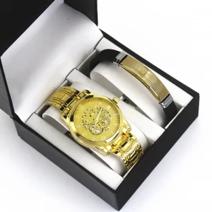 Fashion Watch and Bracelet Set for Men Large Dial Calendar Casual Style Luxury Quartz Watch