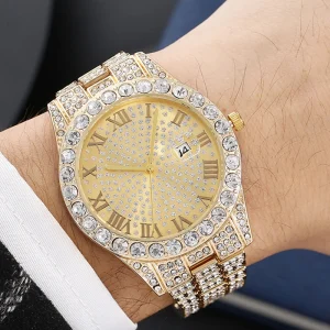 Fashion Watch for Men Simple Style Calendar Dial Diamond Encrusted Quartz Watch