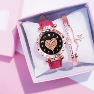 Fashion Watch for Women Set Heart-shaped Dial Leather Band Ladies Watch Set with Diamond Bracelet