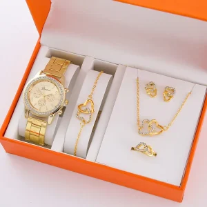 Fashion Women Quartz Watch 6PCS Set Luxury Watch Ladies Ring Necklace Earrings Rhinestone Watch Set