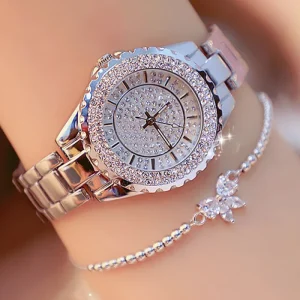 Fashion Women Silver Alloy Steel Quartz Wristwatch Diamond Watches Ladies Wrist