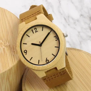 Fashion Wood Watch Handmade Genuine Cow Leather Strap Wood Bamboo Watch Anniversary Gift for Him Groomsmen Boyfriend Dad Gift