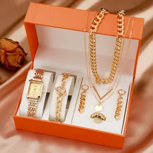 Fashionable Alloy Square Quartz Bracelet Hot Girl Multi Layer Necklace Sweater Chain Jewelry Watch Set with Gift Box