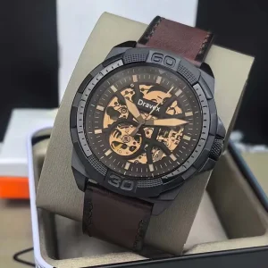 Fashionable Business Black Tea-colored Openwork Genuine Leather Automatic Mechanical Watch Stainless Steel Pointer