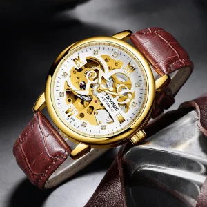 Fashionable Luxury Sport Coin Automatic Men’s Mechanical Watch Luminous Waterproof Gold Dial Roman Numerals Stainless Steel