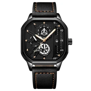 Fashionable Luxury Waterproof Watch Classic Wine Barrel Design Men’s Watch Leather Date Quartz Watch