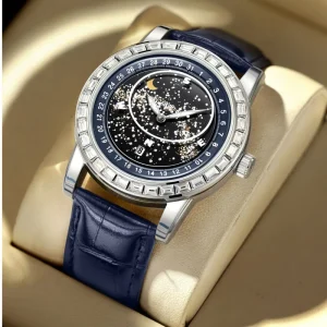 Fashionable Men’s Watches Luxurious Diamond Designs Rotating Watches Night Light Moon Stars Quartz Watches
