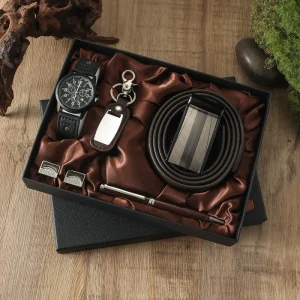 Father’s Day Gifts 5piece Fashion Men’s Watch Set With Gift Box Keychain Ballpoint Pen Cufflinks Belt Watch Set Gift