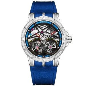 Faux-mechanical Quartz Skeleton Watch 45mm Rainbow Diamond Bezel Luminous 30M Water Resistant Sporty Men Fashion Alloy