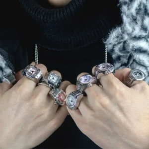 Finger Ring Watch Stainless Steel Square Round Shape Digital Silver Mini Ring Watch for Men Women