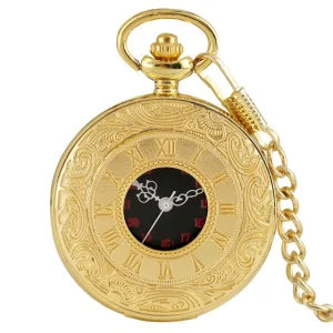 Flip-top Hollowed-out Roman Numeral Antique Quartz Watch with Round Black Dial and Bracelet Unisex Pocket Watch