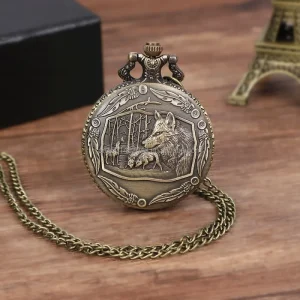 Flip top vintage wolf pocket watch necklace antique quartz watch