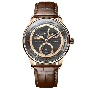For Luxury Designer Automatic Movement Stainless Steel Watch for Men Leather Band Water Resistant 5BAR Power Reserve Pointer