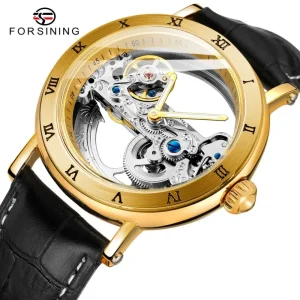 Forsining 208 Luxury Skeleton Automatic Mechanical Watch for Men Golden Bridge Dial Steel Leather Strap Business Men’s Watch